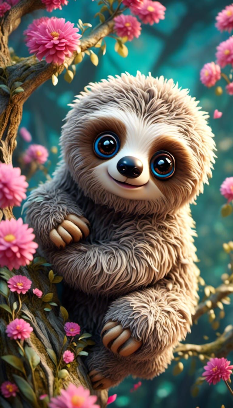 Psychedelic Adorable Fluffy Sloth with Big Eyes