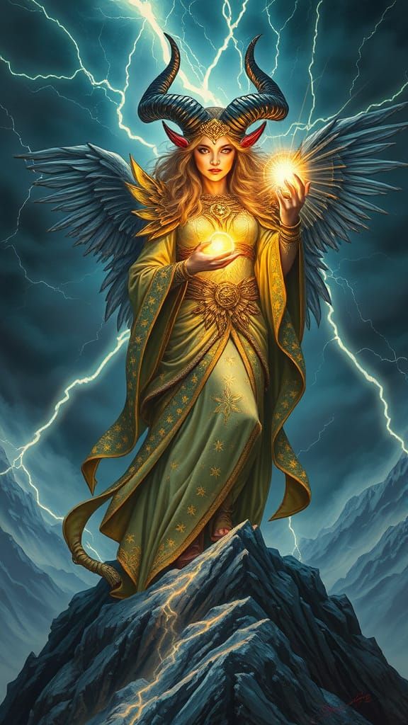 Horned Goddess with Cosmic Orb, Fantasy Art Deco