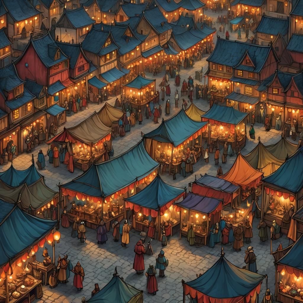 Vibrant Medieval Night Market Scene