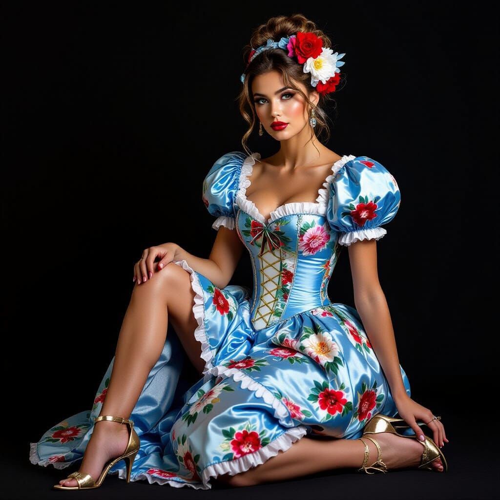 Victorian Woman in Blue Satin Bodice Poses Dramatically