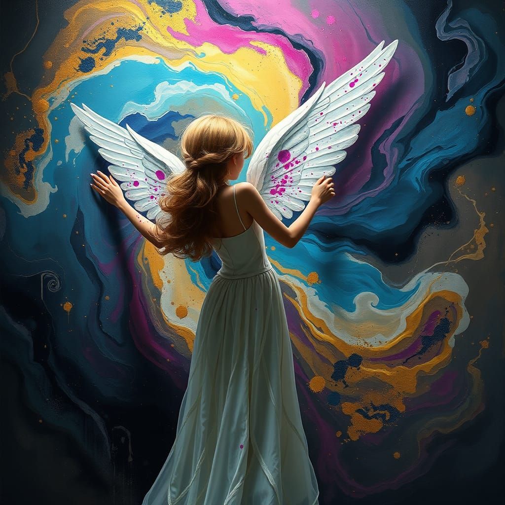 Ink Splattered Angel Creating Heaven on Canvas