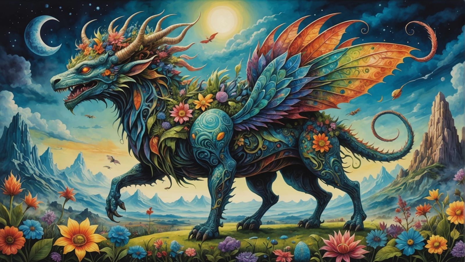 Whimsical Mythical Beast in Surreal Landscape