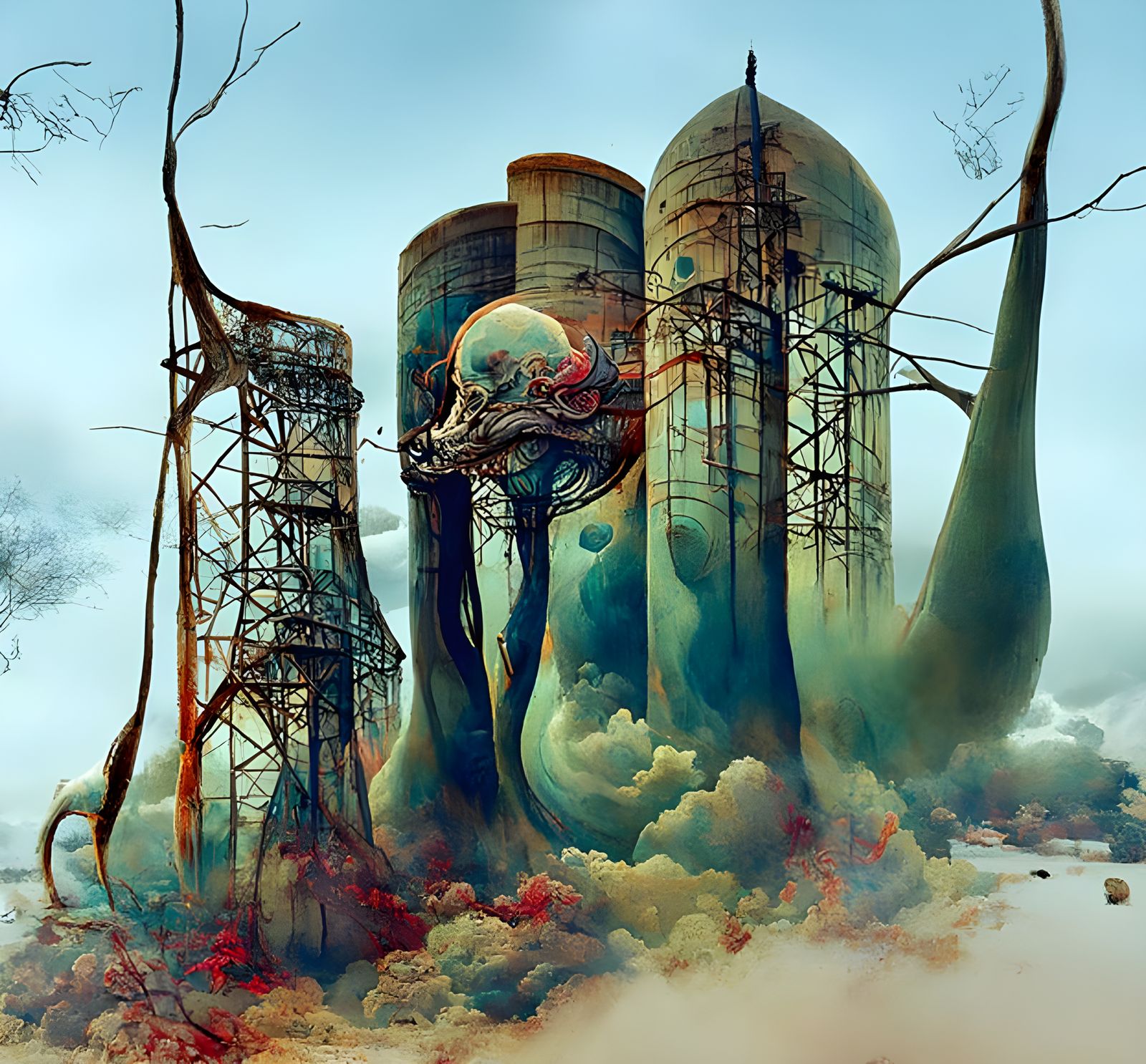 Surreal Nuclear Fantasy Landscape in Retro Style