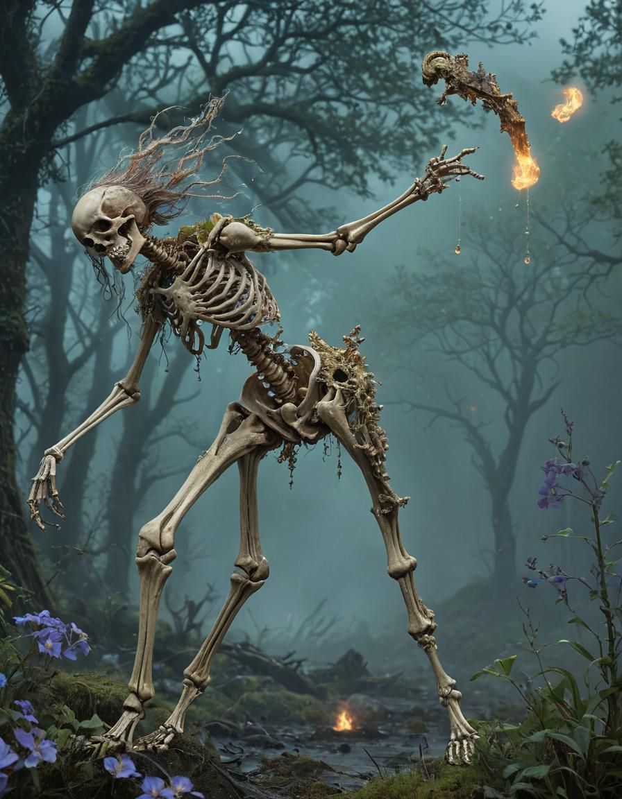 Bioluminescent Skeleton Horse Leaping Across Misty Landscape