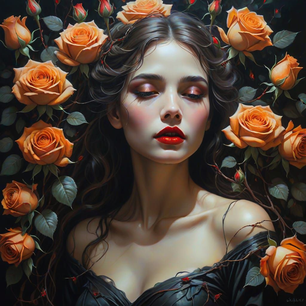 Ethereal Woman Embraced by Dark Roses Oil Painting