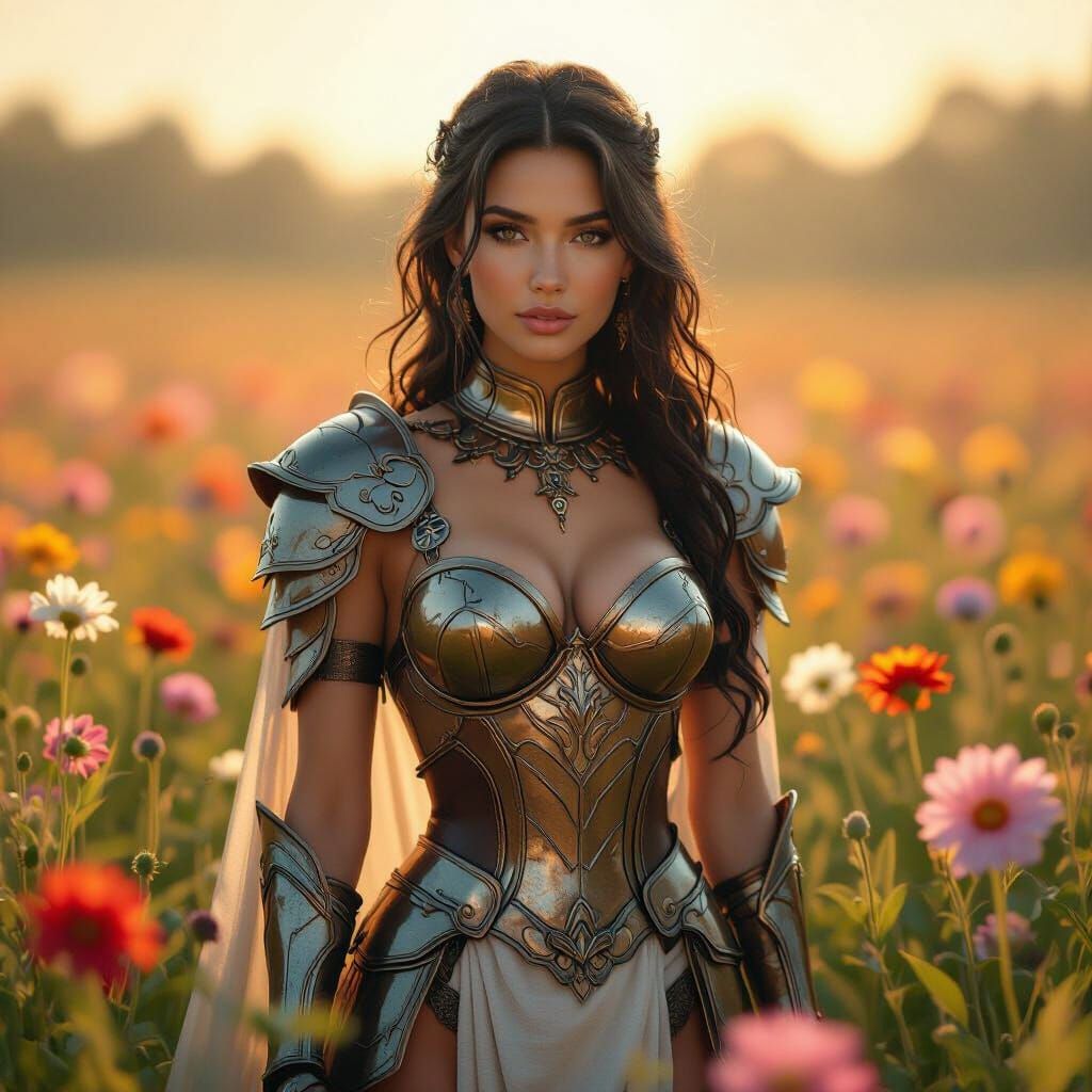 Goddess in Floral Field, Hyperrealistic Armor, Cinematic Sty...