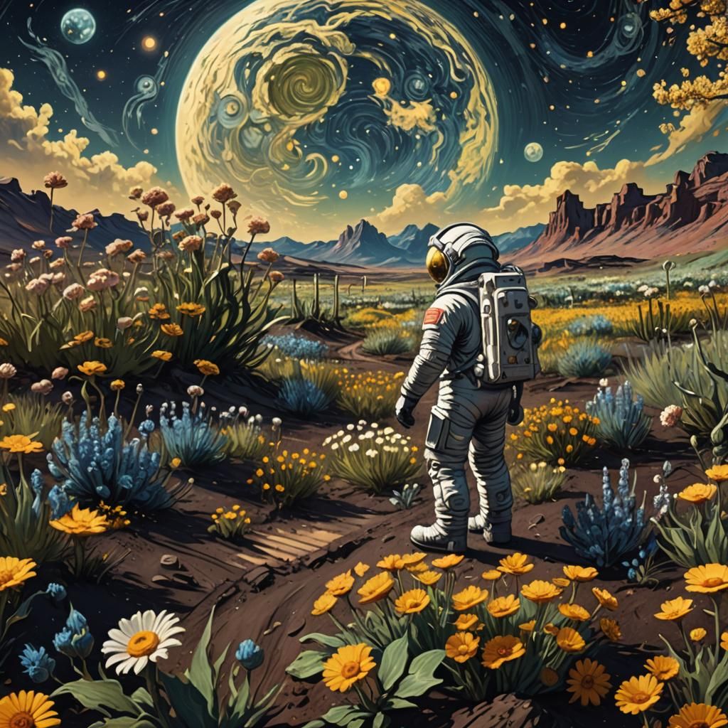 Astronaut's Lunar Garden: A Van Gogh-Inspired Scene