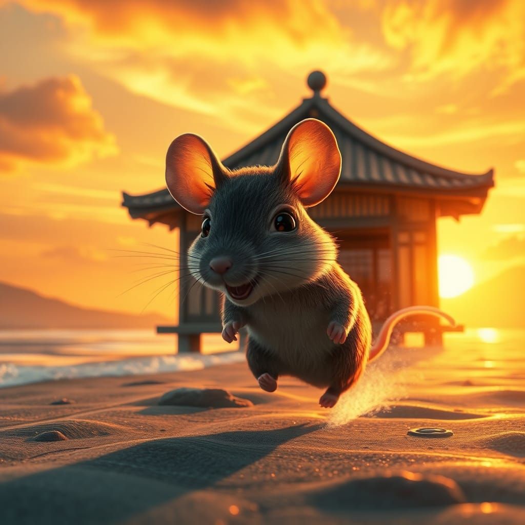 Mouse Chase in Yokohama Sunset: Futuristic Realism