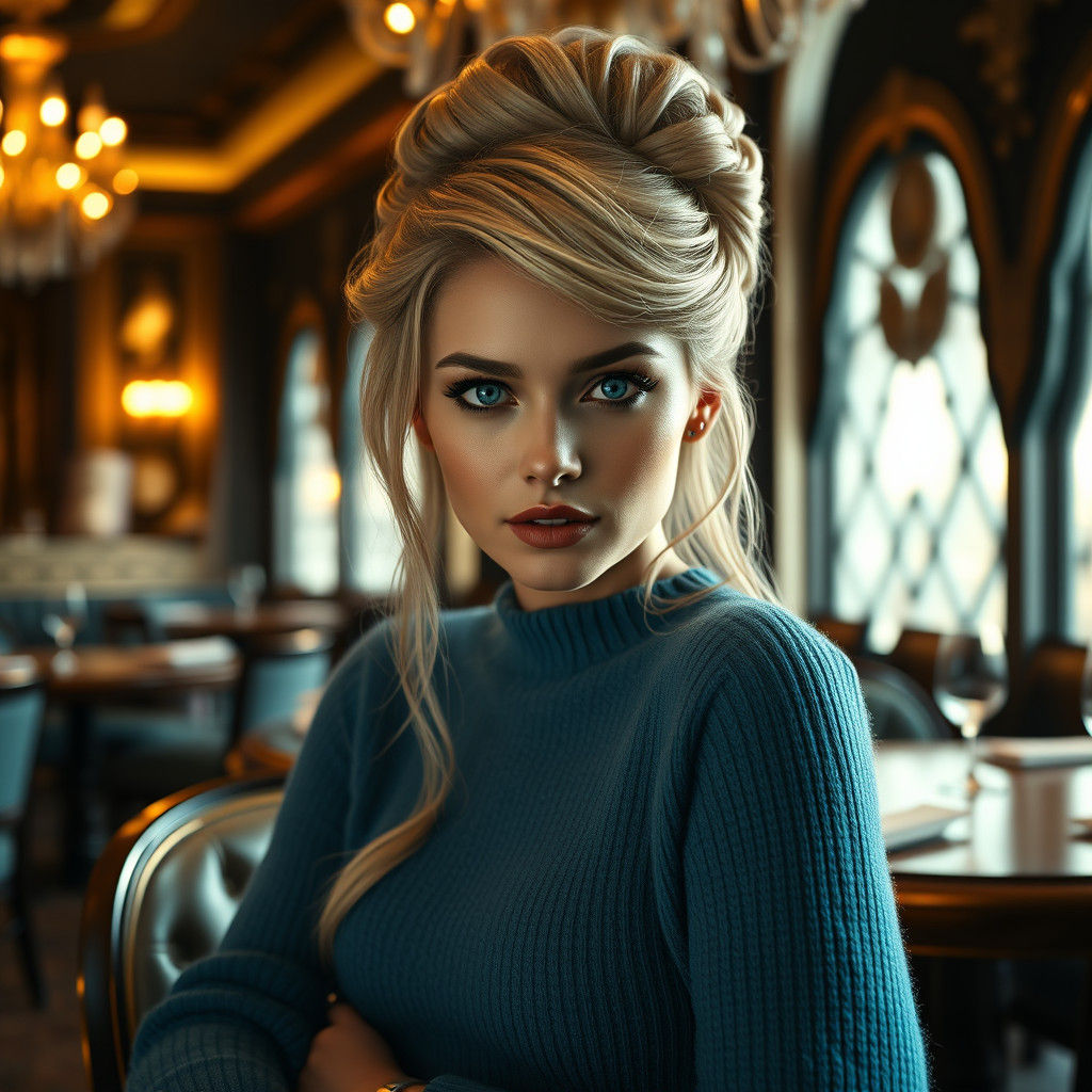 Elegant Blonde Woman in Upscale Restaurant, Fantasy Art