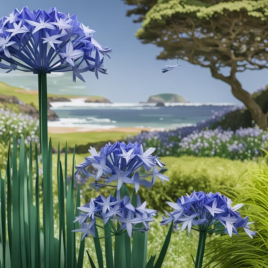 Cornwall Scene with Agapanthus in Origami Style