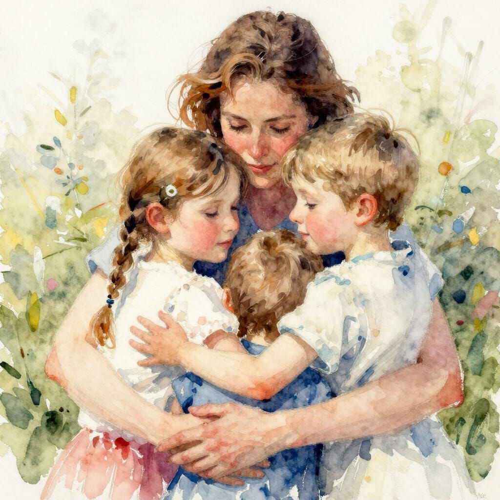 Mother and Children Embrace in Expressive Watercolor Style
