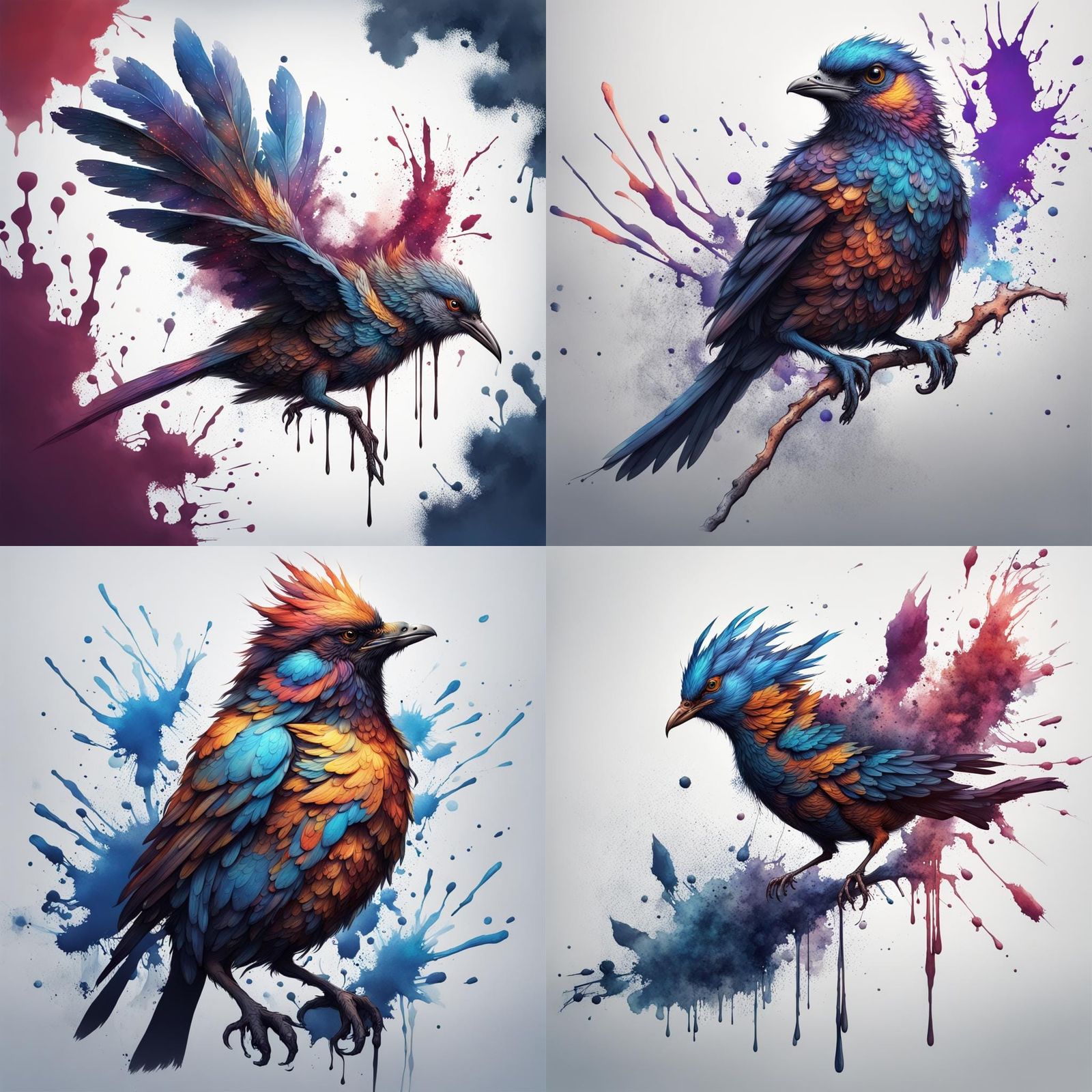 Bird Drawing with Ink Splatter in Detailed Matte Style