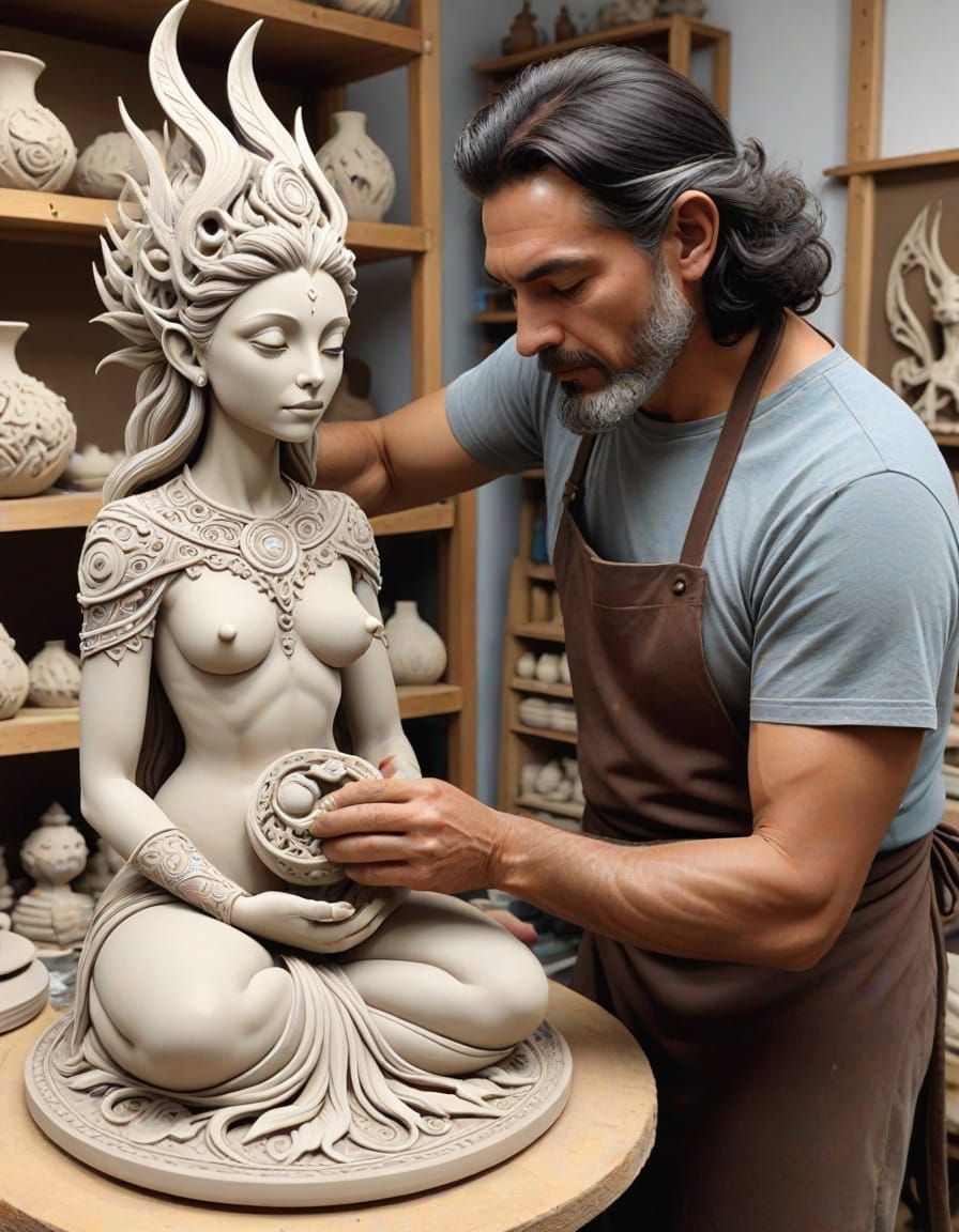 Medieval Clay Goddess Gaia as Intricately Detailed Pottery S...