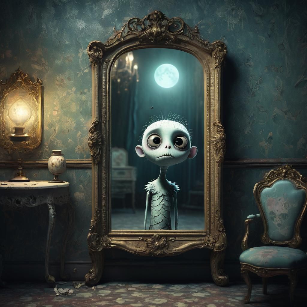 Eerie Cute Creature in Vintage Room, Digital Art