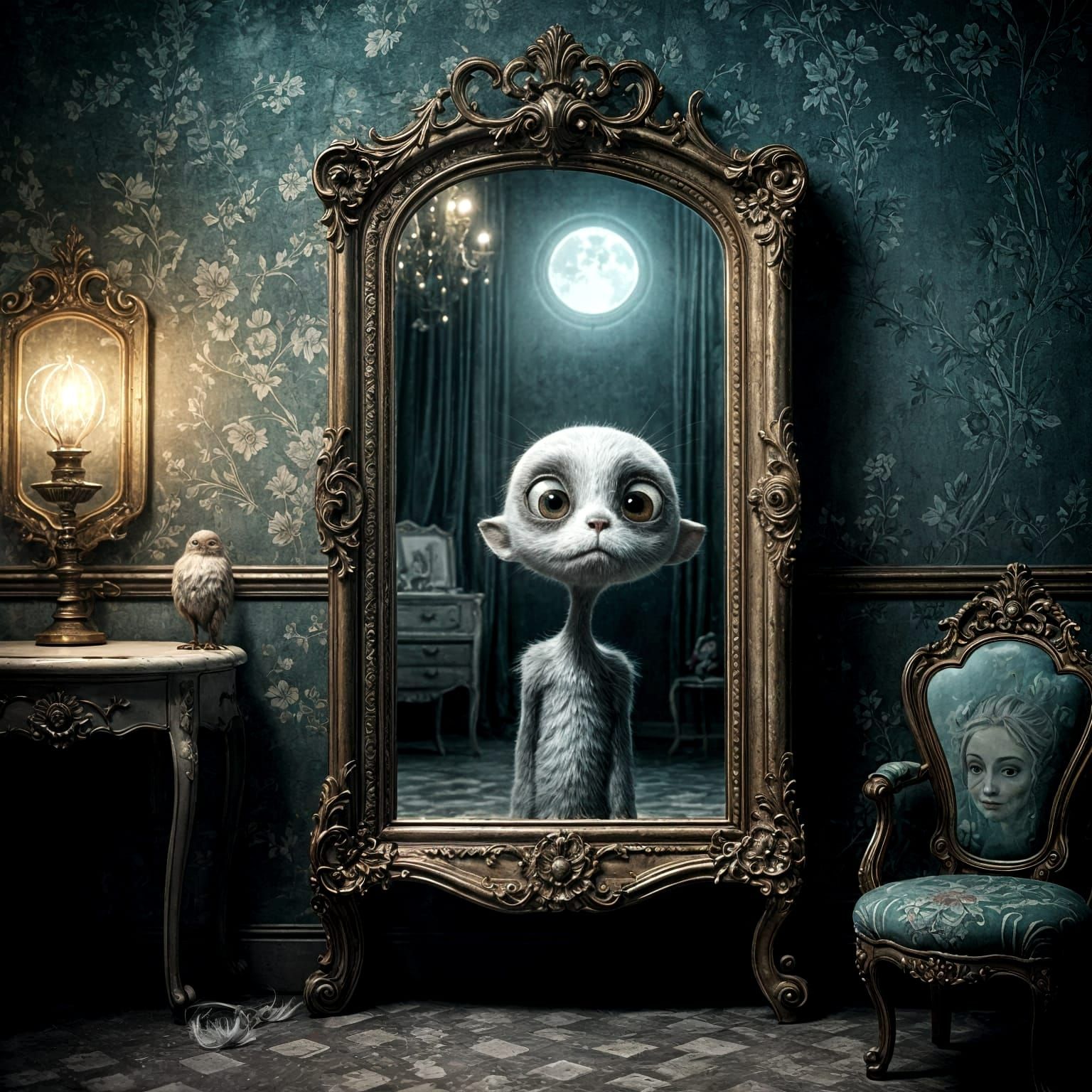 Adorable Monster in Vintage Room: Digital Illustration