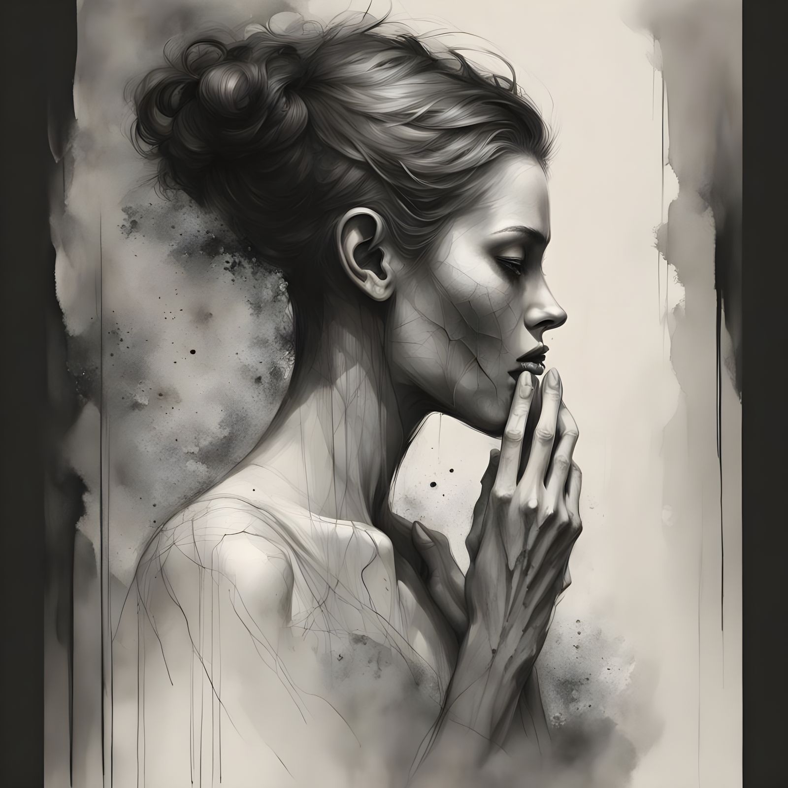 Silhouette of Silent Woman in Noir Graphite Art