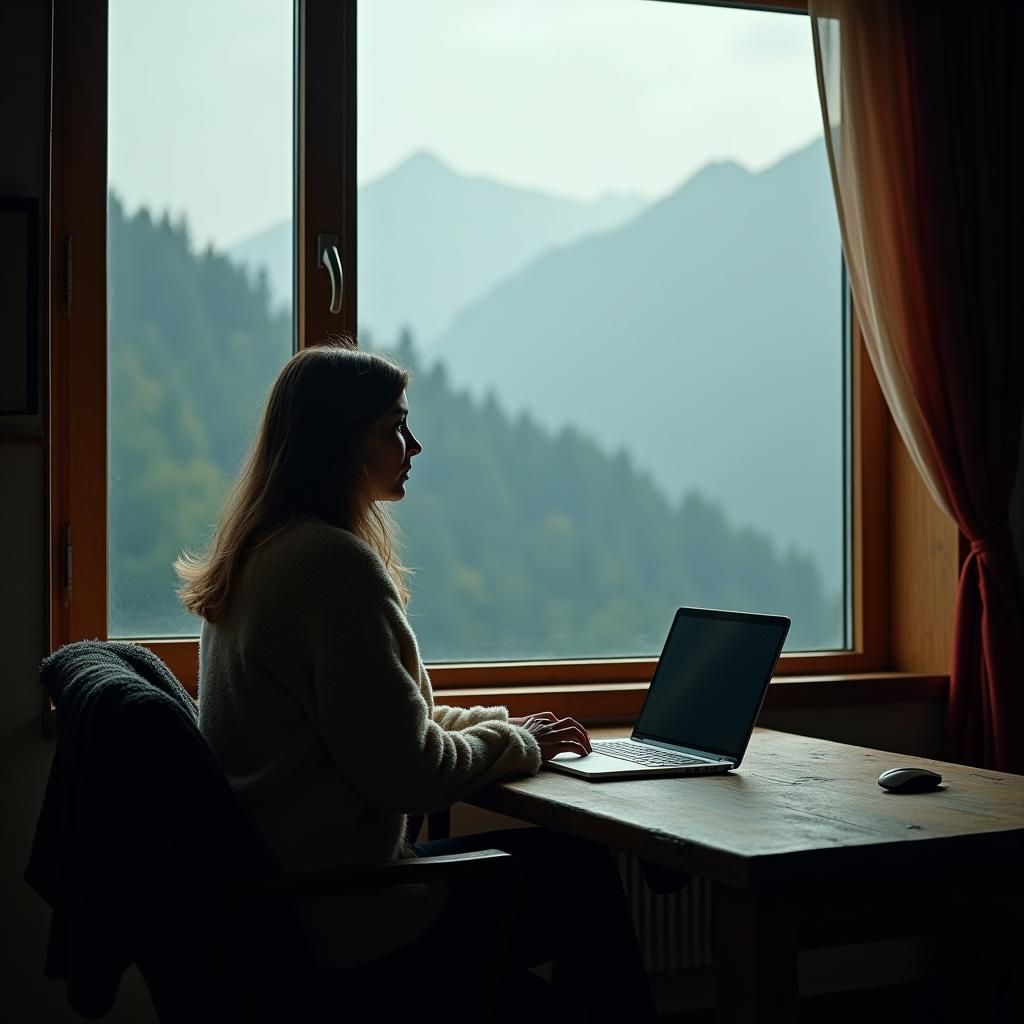 Woman Gazing at Mountains in Cinematic Realism