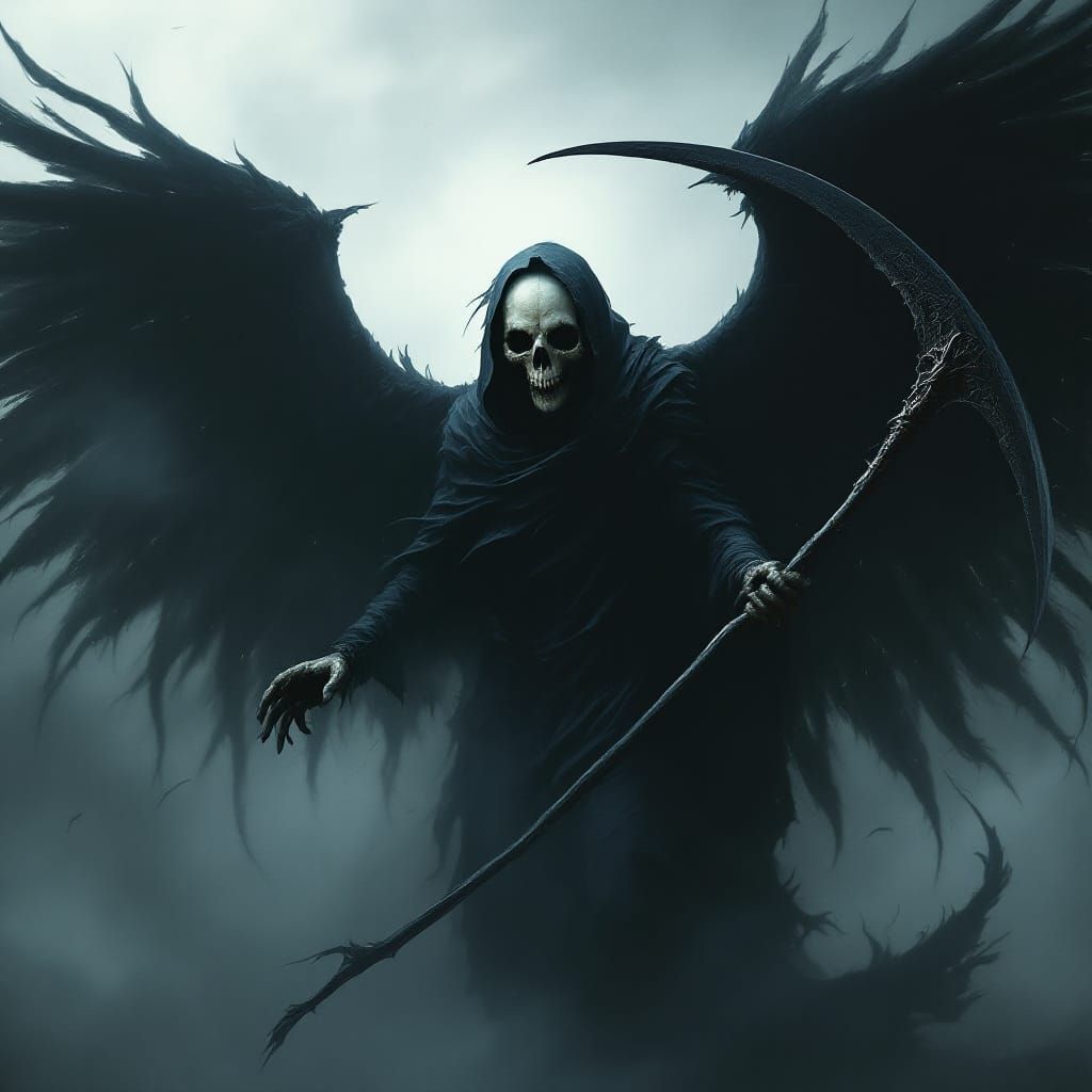 Ebony wings, tattered like ancient velvet, unfurl from a silhouette wreathed in swirling mist. Not a skull, but a void w...