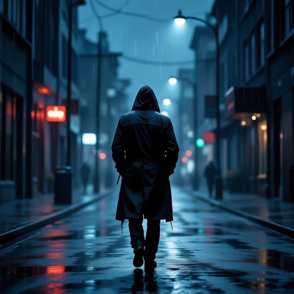 Dark Rainy Night Scene in Retro-Futuristic Style