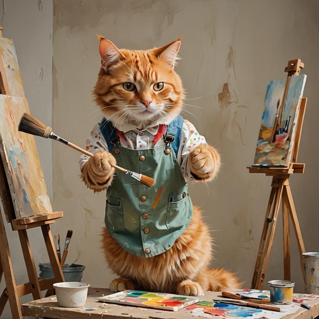 Ginger Cat Impressionist Painter in Studio, 8k