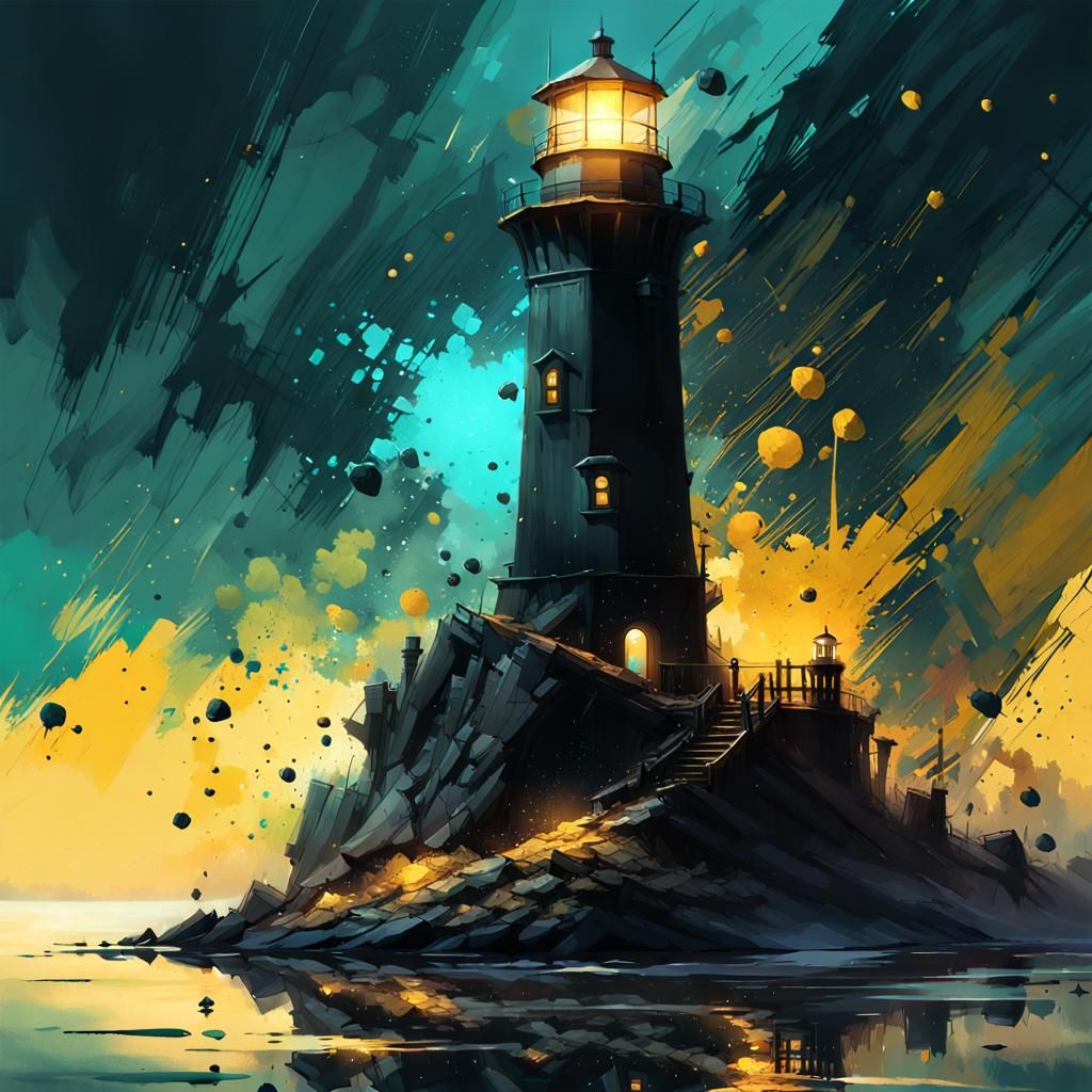Dark Lighthouse in Ink Splatter Style