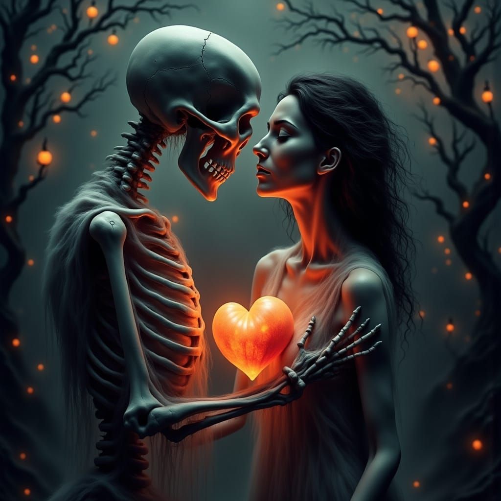Surreal Skeleton Offers Glowing Heart to Woman