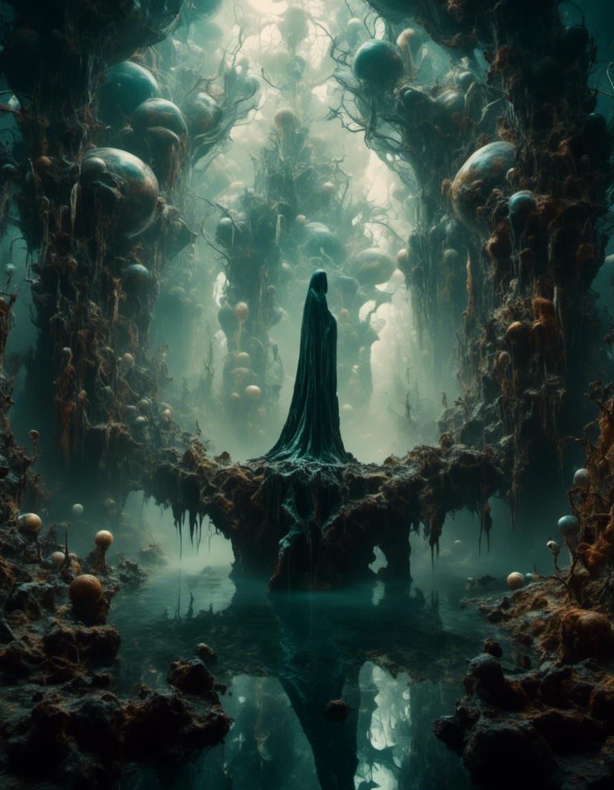 Crystalline Metamorphosis: Cubist Figure Enters Alien Portal