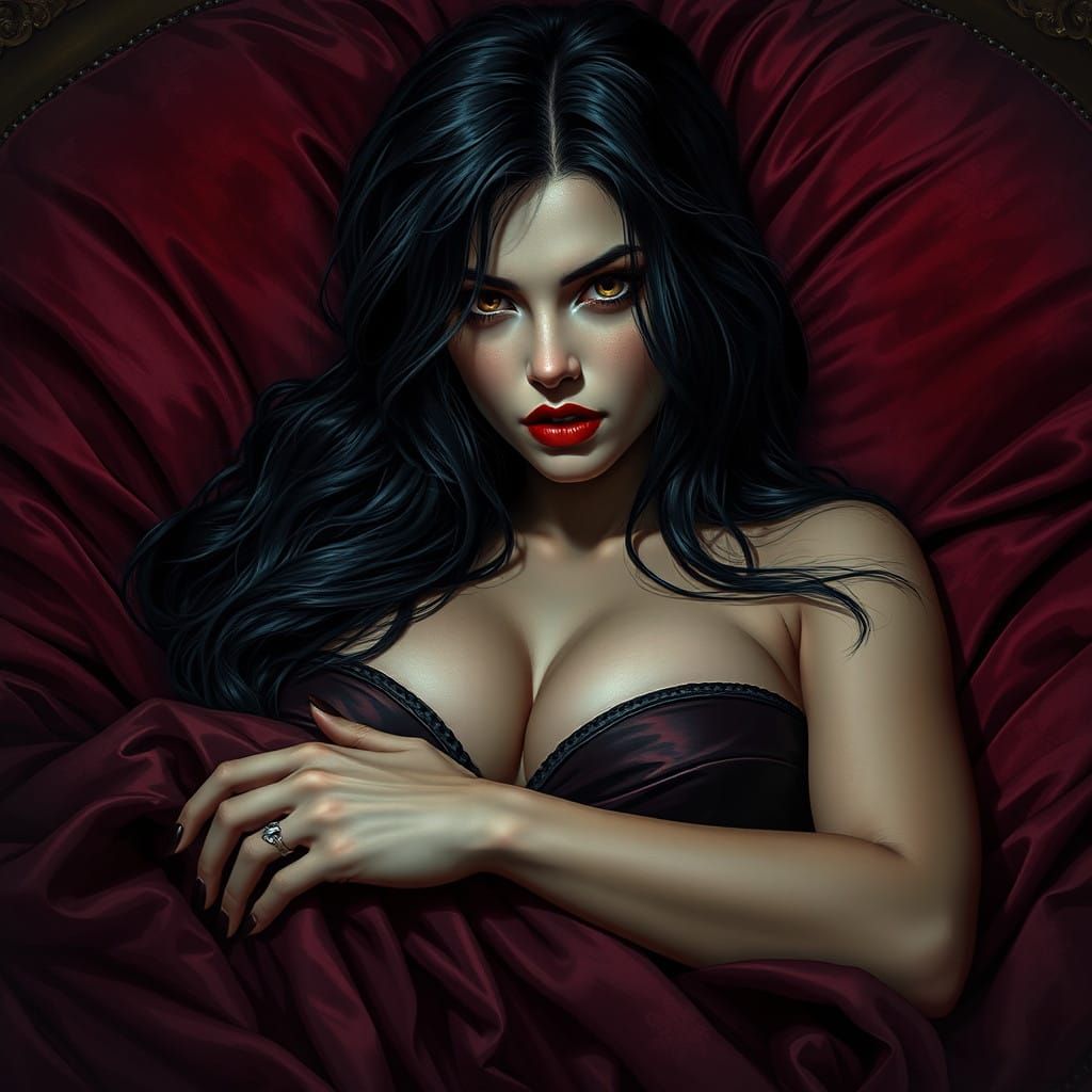 Mysterious Reclining Siren in Velvet Bed