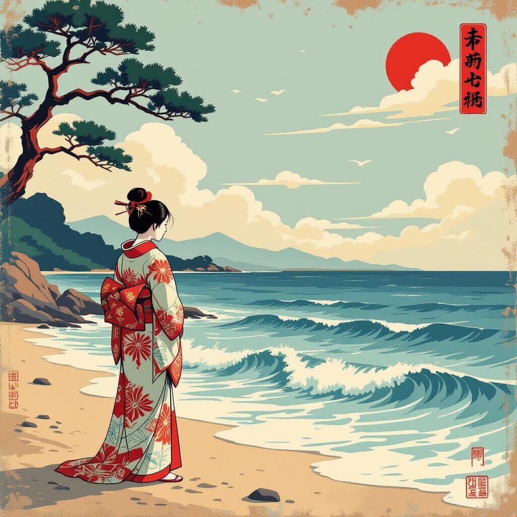 Daydreaming Figure on Sado Isle in Ukiyo-e Style