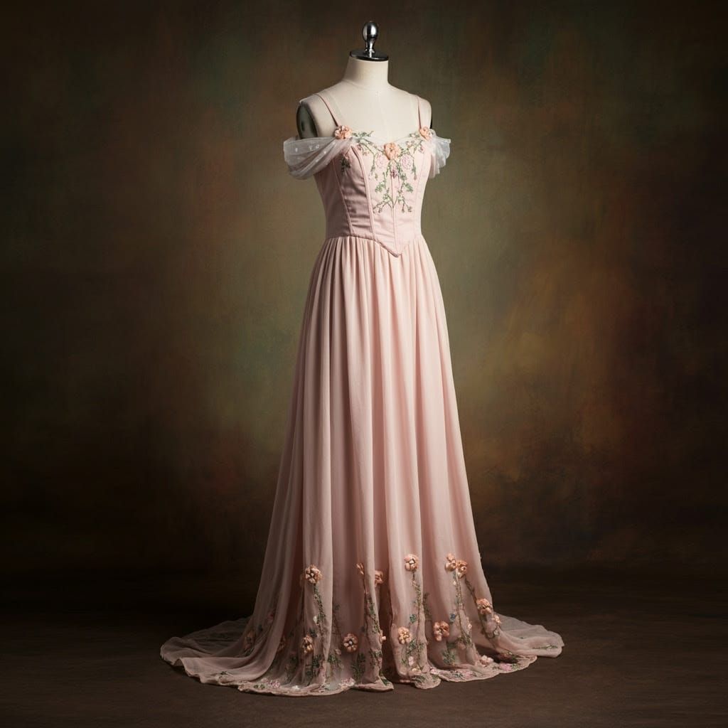 Ethereal Princess Gown in Pale Pink and Delicate Flowers