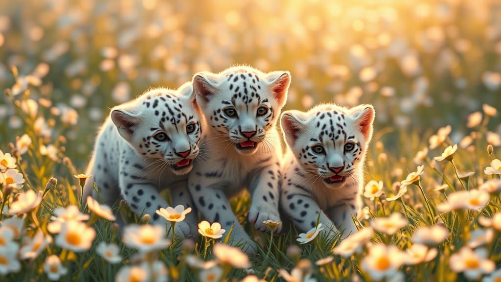 White Panther Cubs in Polka Dot Flower Meadow