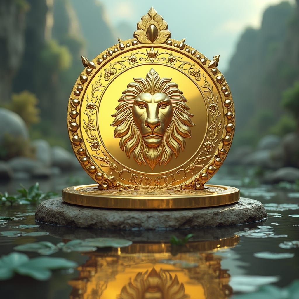Ornate Gold Coin with Lion in Futuristic Landscape