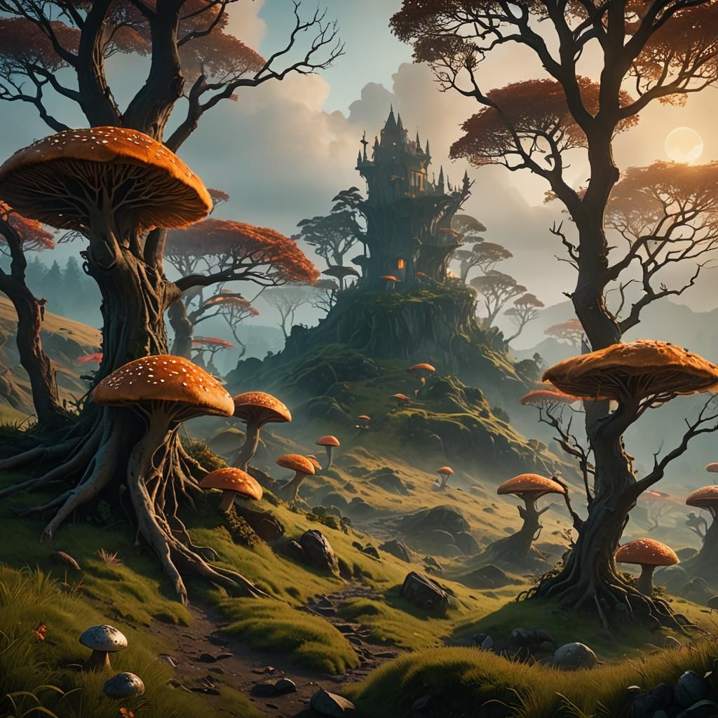 Fantasy Landscape with Spooky Trees and Glowing Mushrooms