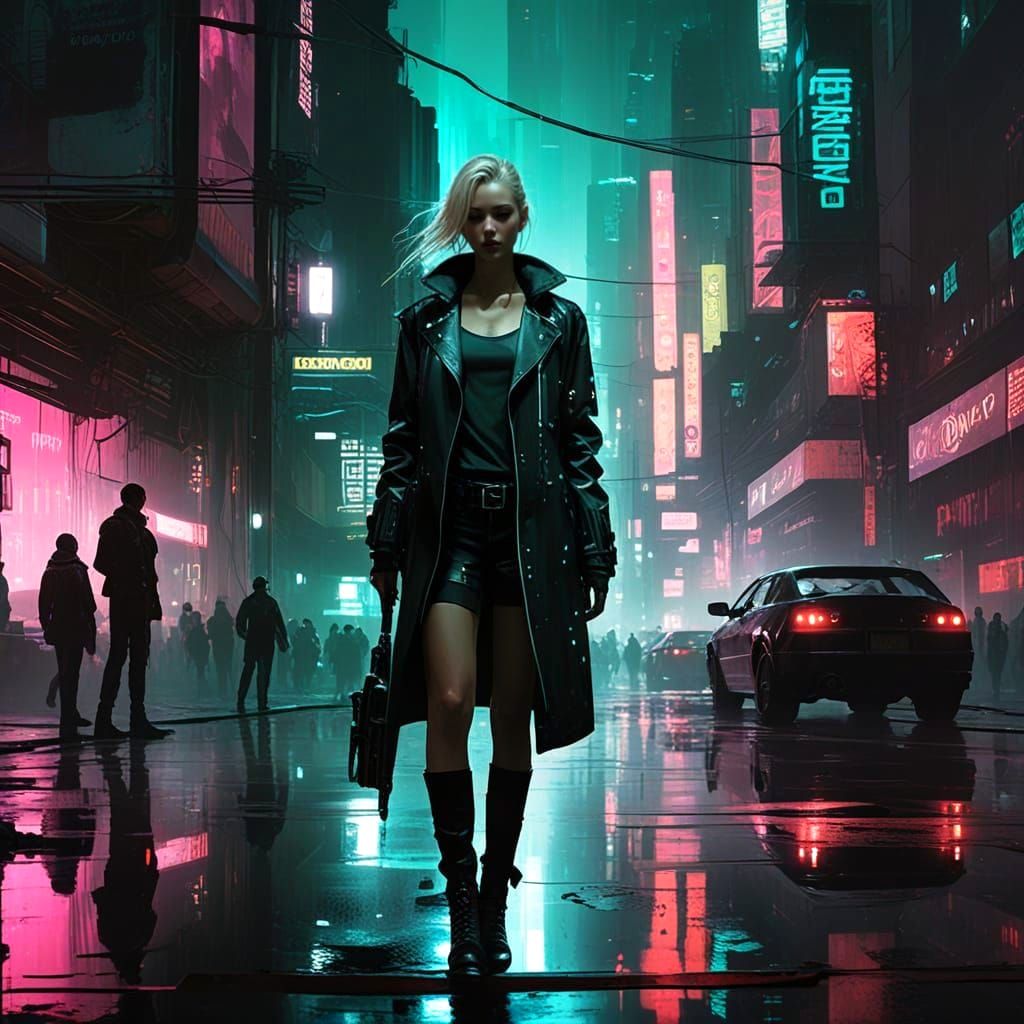 Fragile Slender Woman Reflected in Neon Urban Landscape