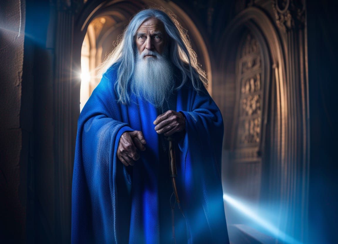 Hyper-Realistic Old Wizard in Magical Tower Photograph