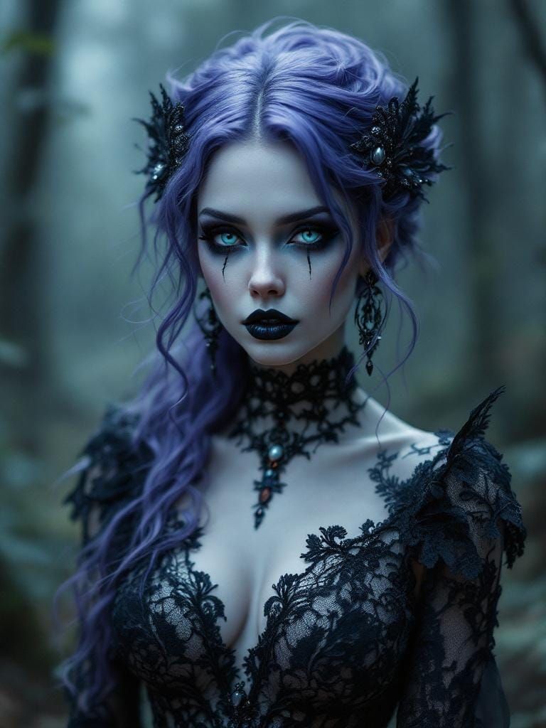 Gothic Sorceress with Amethyst Hair in Misty Forest