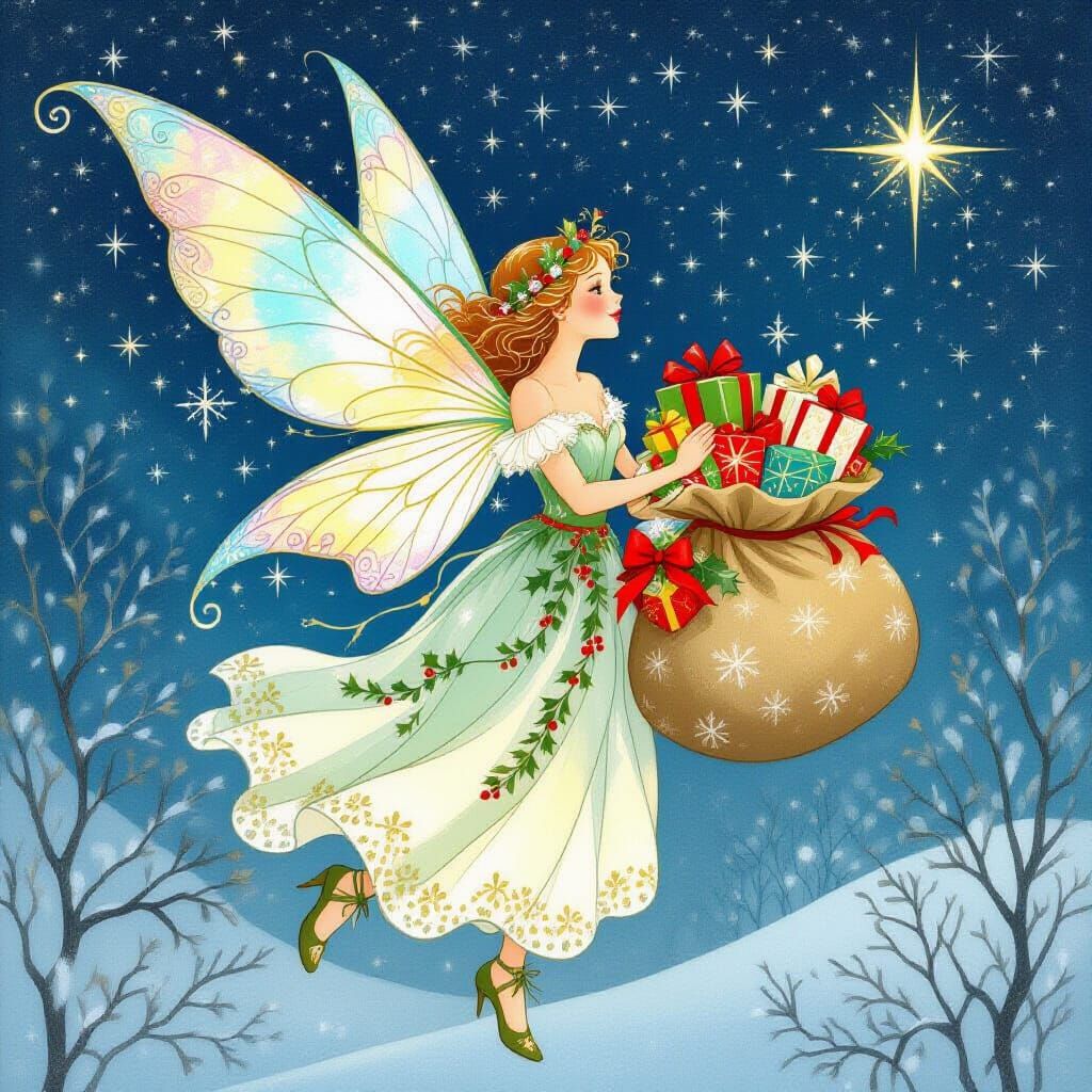 Whimsical Christmas Fairy with Gifts in Starry Night Sky