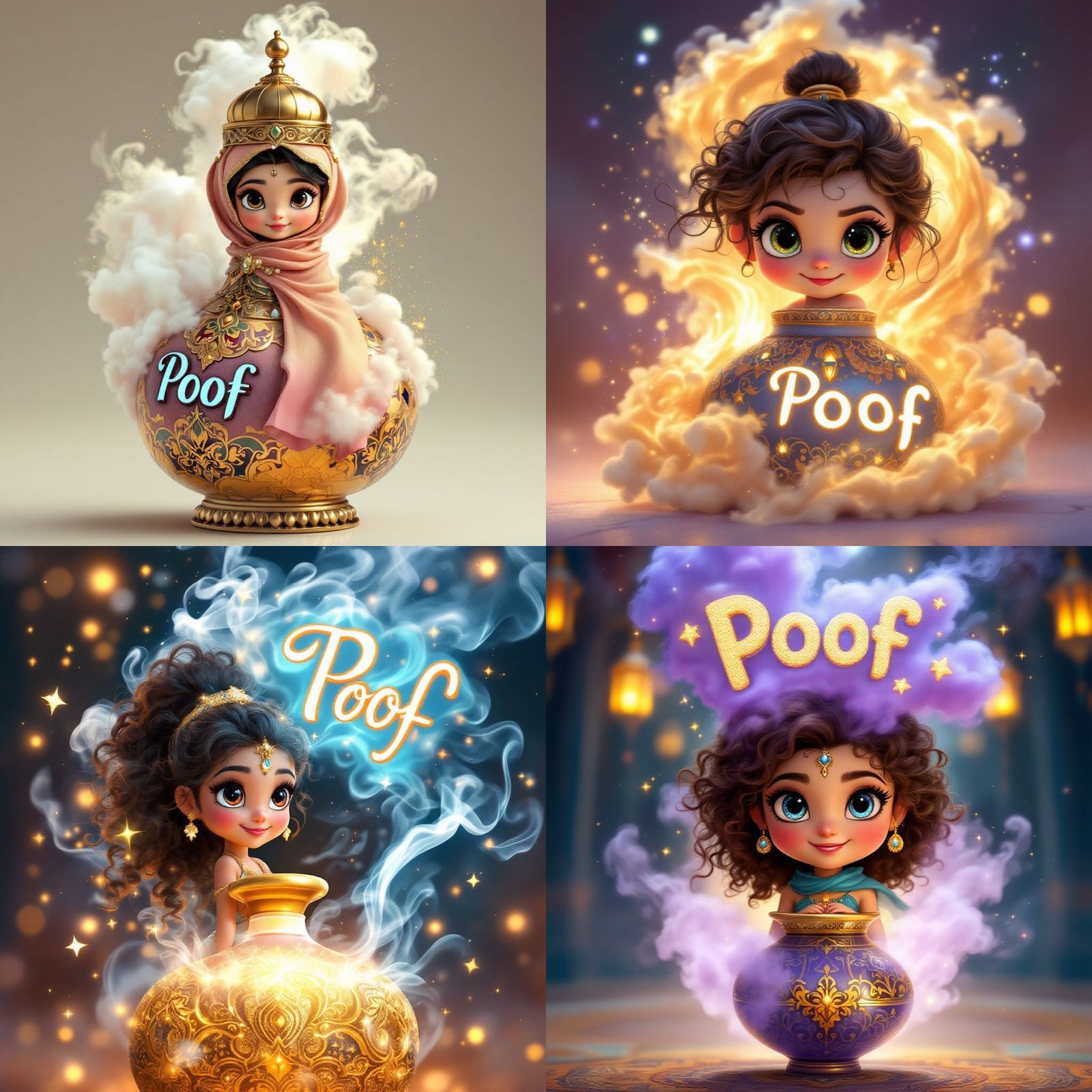 3D Illustration of a Disney Pixar style adorable little girl genie, appearing in a puff of smoke with the word “Poof” in...