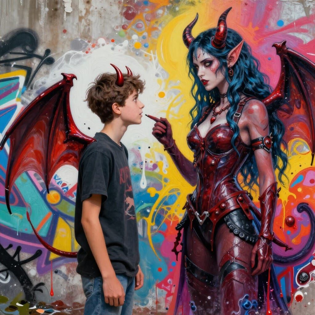 Demon Wings Boy Talks to Demon Woman in Graffiti Style