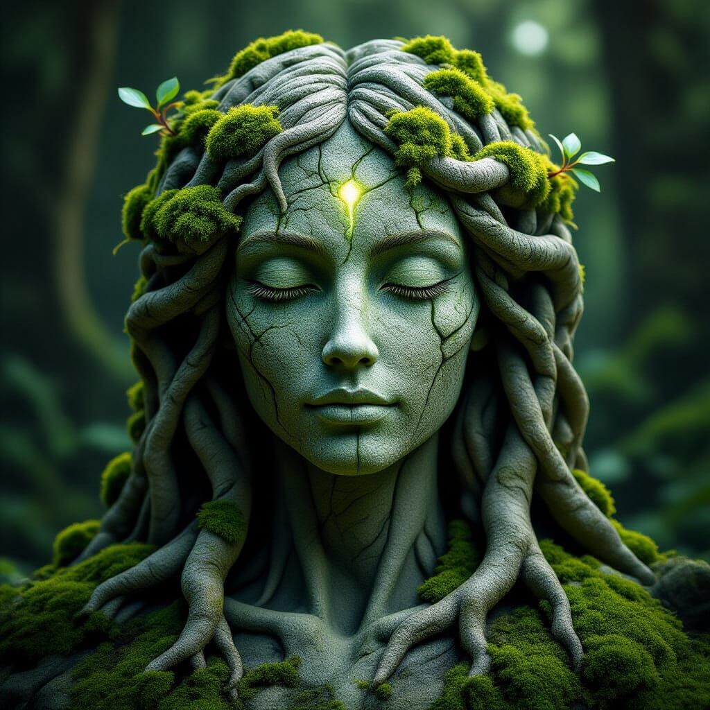 Mystical Stone Figure with Emerald Moss Veins