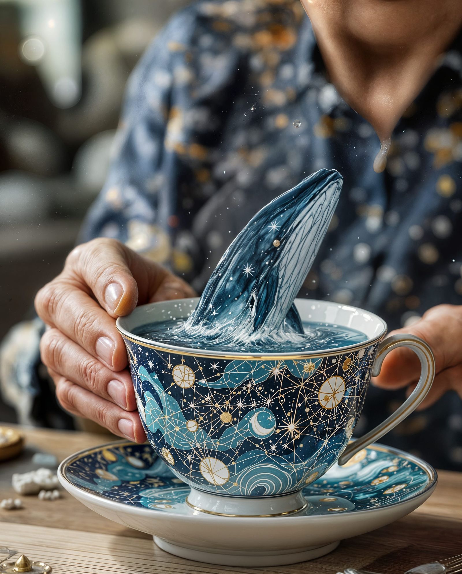 Whale Breaching from Teacup with Celestial Maps