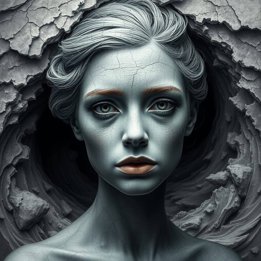 Cracked Porcelain Woman in Stormy Vortex