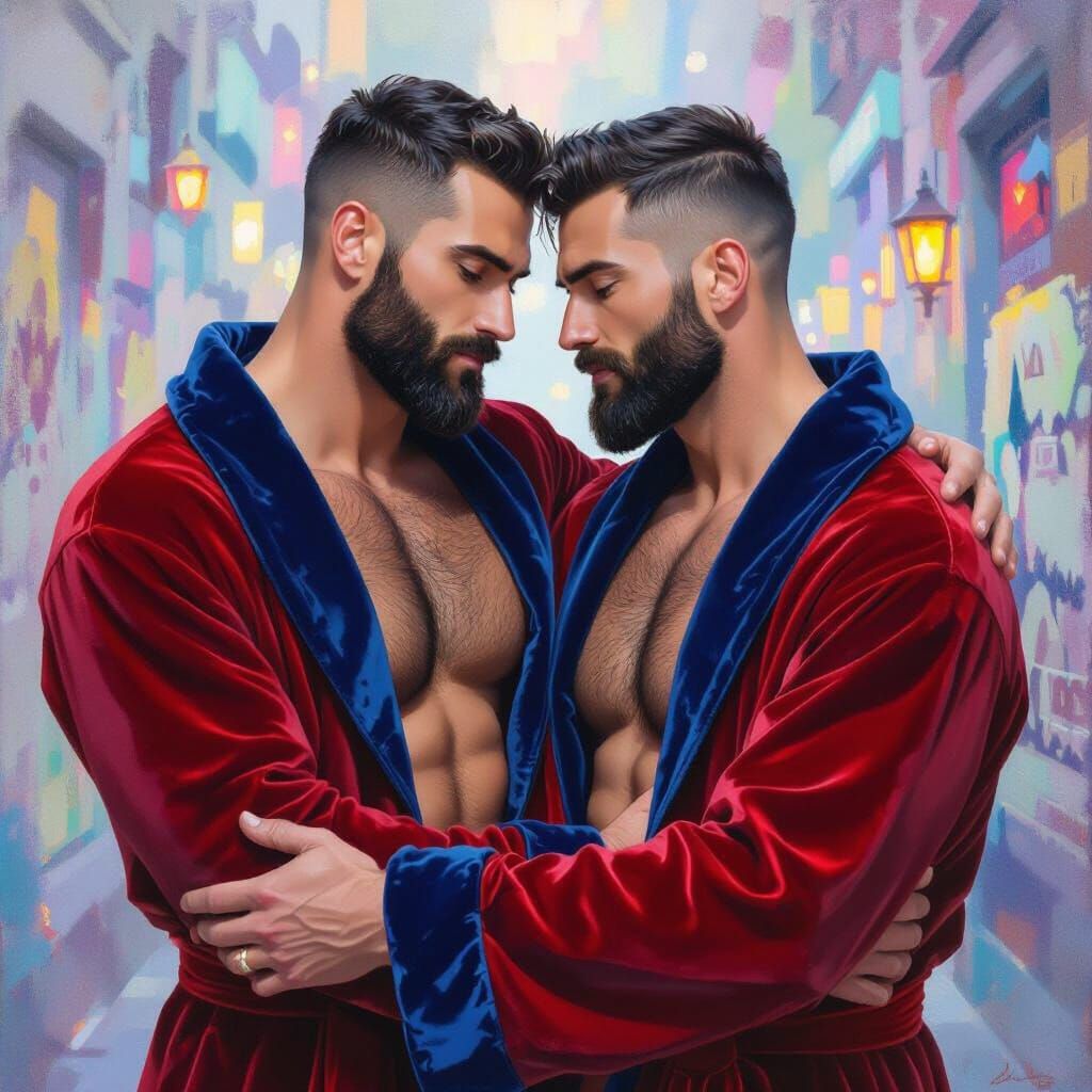 Two Men Embrace in a Dim Alley, Neo-Impressionist Style