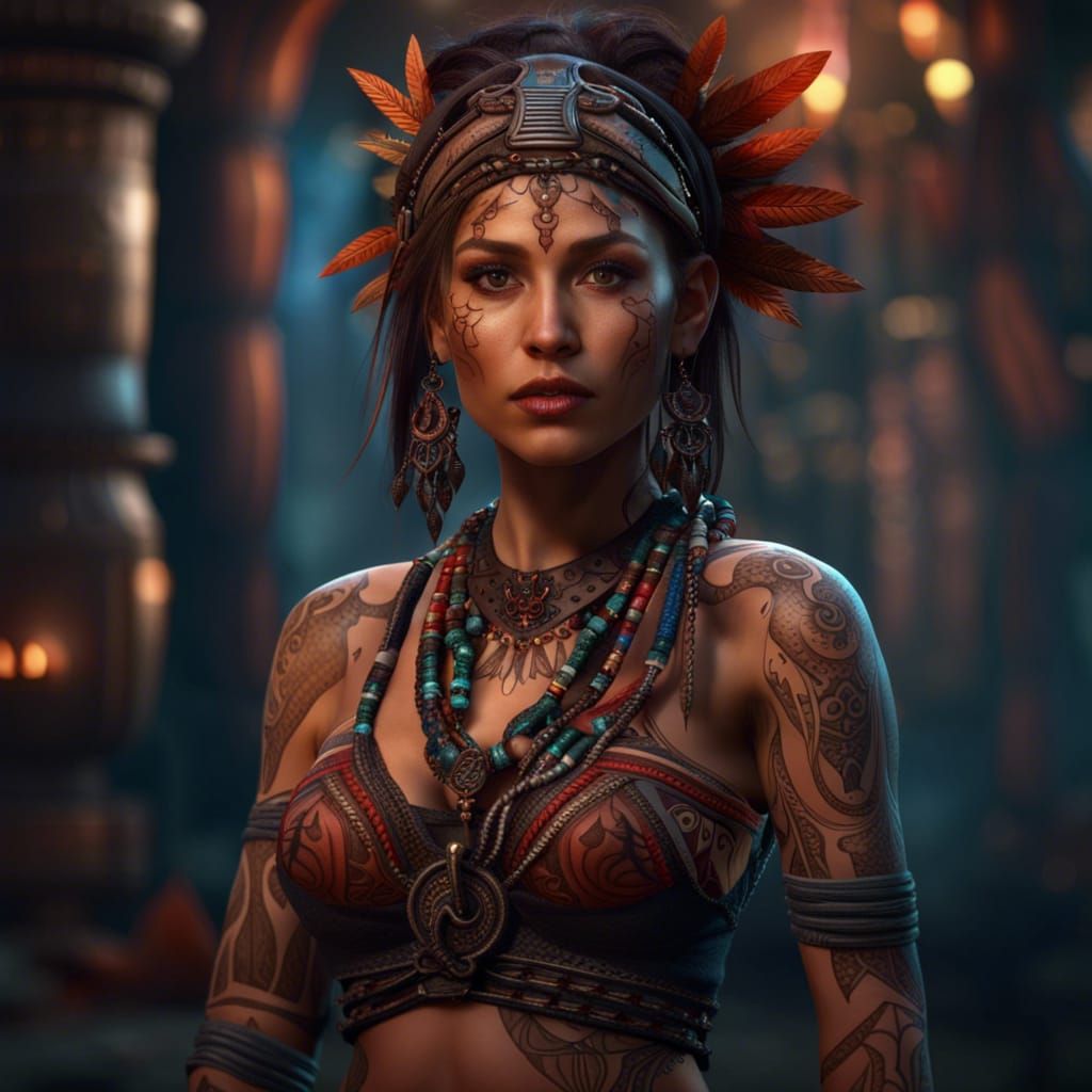 Woman with Tribal Tattoo: Detailed Matte Painting