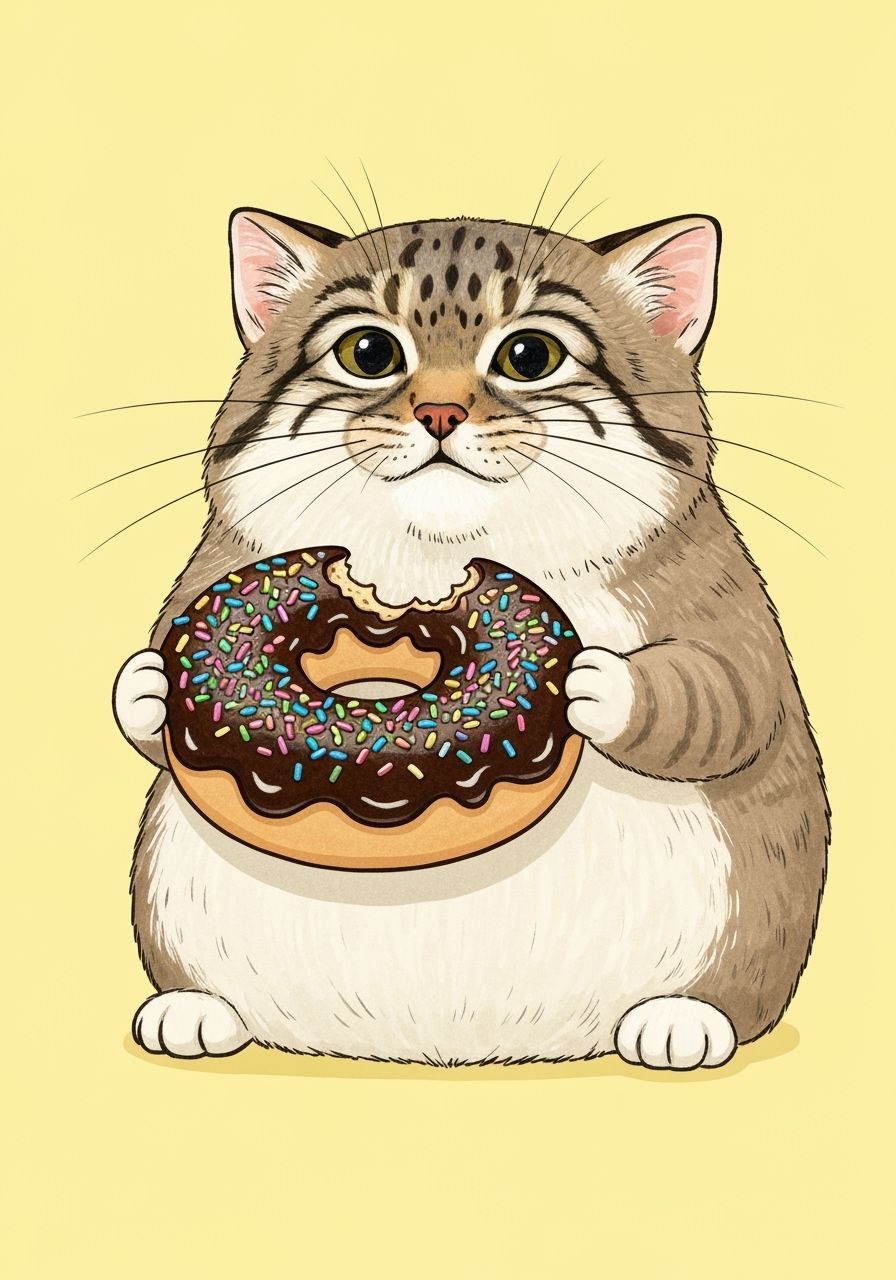 Pallas's Cat Blissfully Enjoys Donut: Hand-Drawn Cartoon