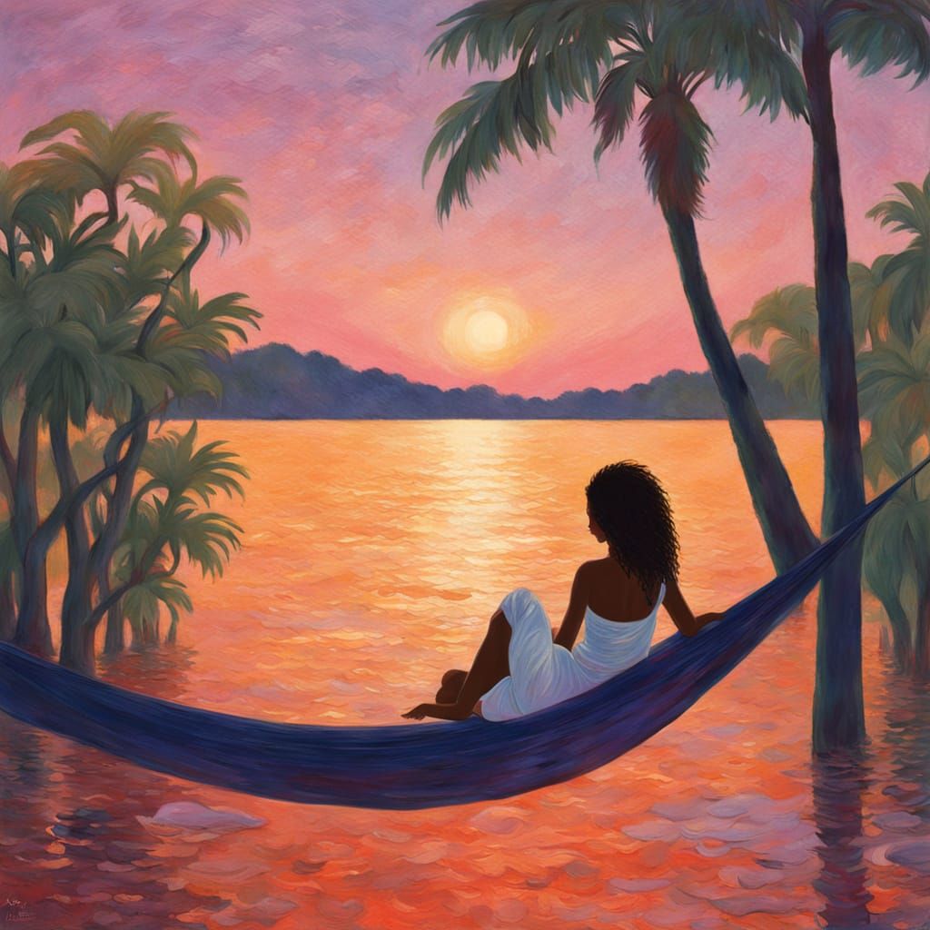 Ethereal Tropical Goddess in Golden Bikini Relaxing in Sunse...