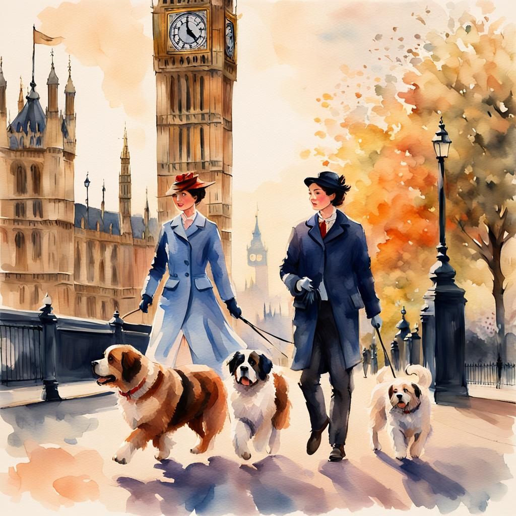 Mary Poppins and Children in London: Watercolor Portrait