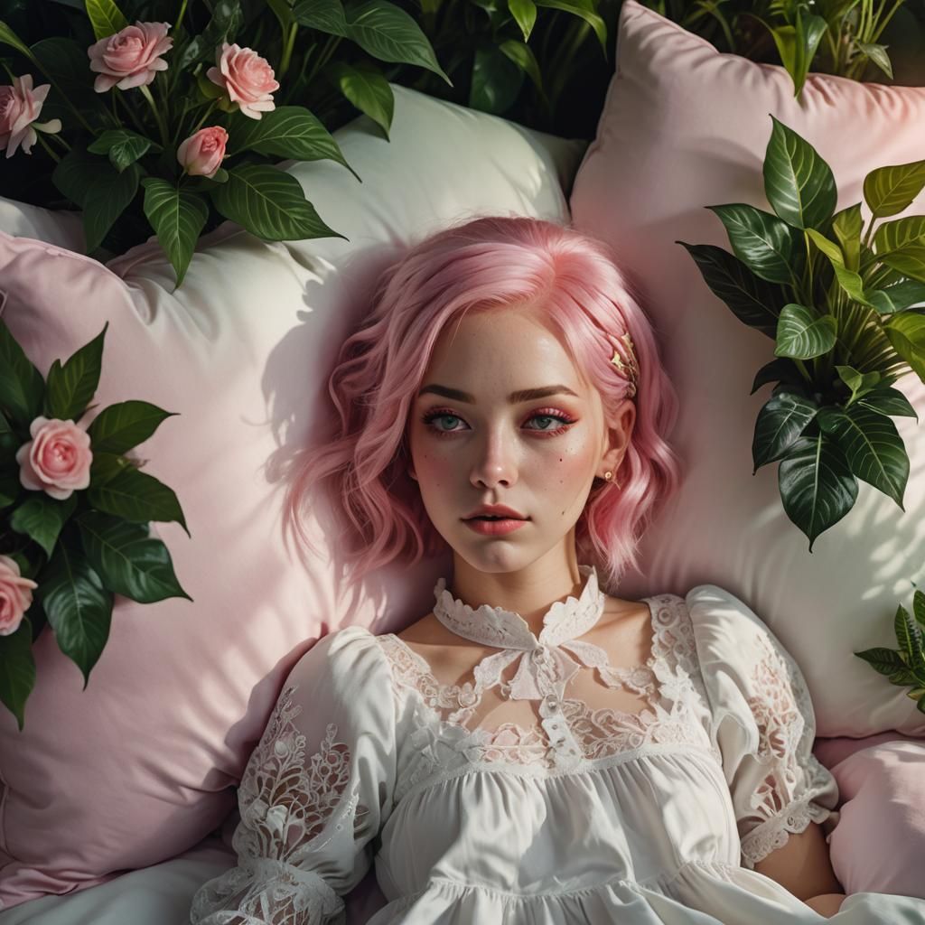Girl with Pink Hair in Lush Indoor Setting