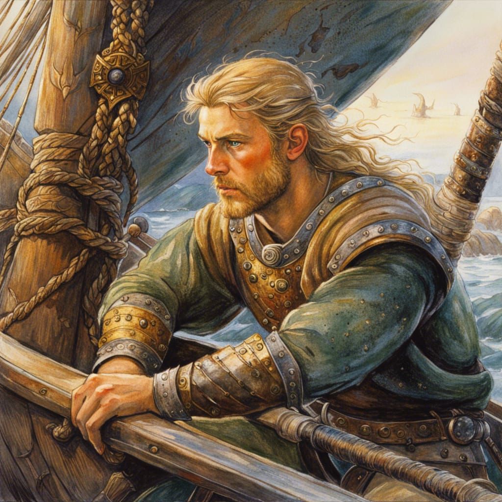 Viking Warrior on Longship: Alan Lee Style Art