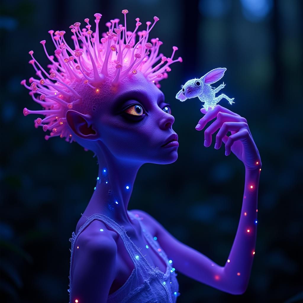 Purple Fiber Optic Alien Examines Gremlin in Bioluminescent ...